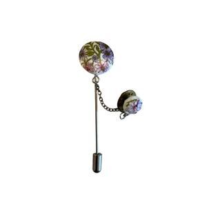 Vintage Floral Double Lapel Pin With Chain White Pink Purple Garden Wildflower